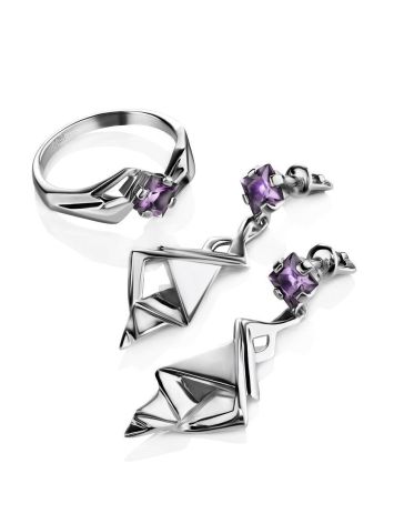 Geometric Silver Ring With Square Amethyst Centerstone, Ring Size: 6.5 / 17, image , picture 5