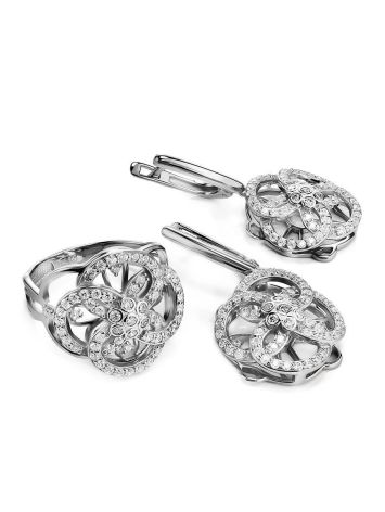 Silver Floral Earrings With White Crystals, image , picture 3
