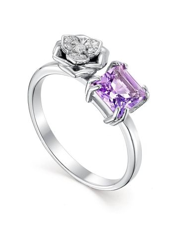 Sterling Silver Floral Ring With Bright Amethyst And White Crystals, Ring Size: 6.5 / 17, image 