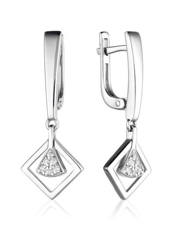 Geometric Silver Dangle Earrings With Crystals The Astro, image 