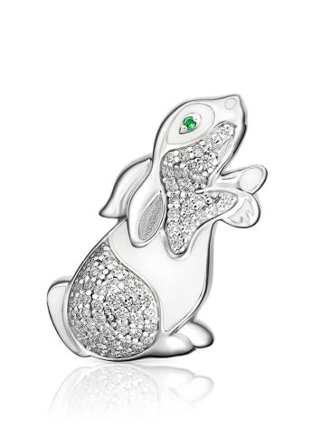 Silver Enamel Rabbit Brooch With Crystals, image 