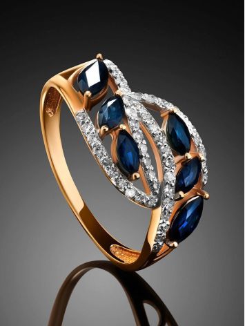 Golden Statement Ring With Sapphires And Diamonds, Ring Size: 7 / 17.5, image , picture 2