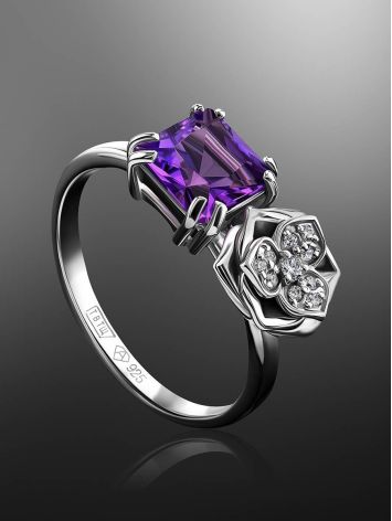 Sterling Silver Floral Ring With Bright Amethyst And White Crystals, Ring Size: 6.5 / 17, image , picture 2