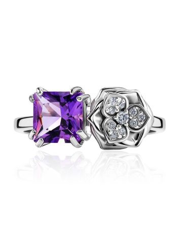 Sterling Silver Floral Ring With Bright Amethyst And White Crystals, Ring Size: 6.5 / 17, image , picture 3