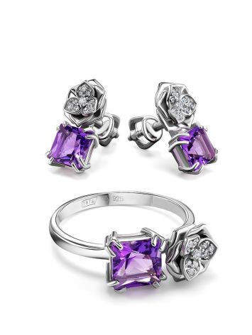 Sterling Silver Floral Ring With Bright Amethyst And White Crystals, Ring Size: 6.5 / 17, image , picture 4