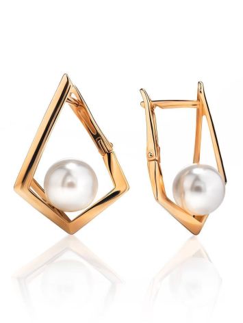 Geometric Golden Earrings With Faux Pearl The Serene, image 