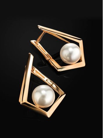 Geometric Golden Earrings With Faux Pearl The Serene, image , picture 2