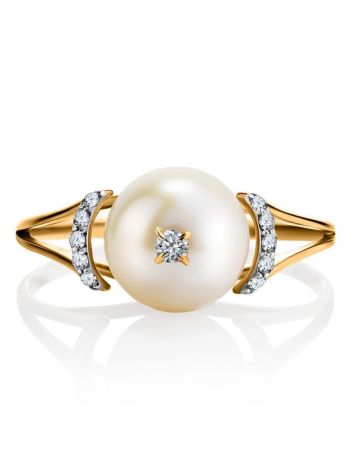 Golden Ring With Pearl And Crystals The Serene, Ring Size: 8.5 / 18.5, image , picture 4