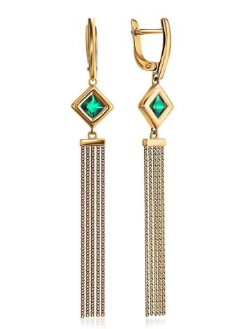 Golden Chain Dangle Earrings With Green Crystals, image 