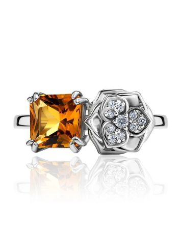 Silver Floral Ring With Citrine And Crystals, Ring Size: 7 / 17.5, image , picture 3