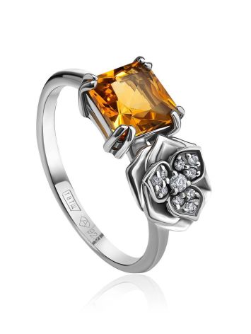 Silver Floral Ring With Citrine And Crystals, Ring Size: 7 / 17.5, image 