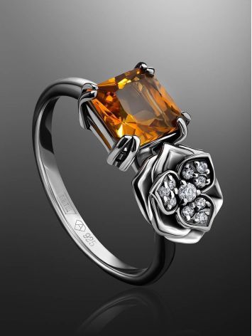 Silver Floral Ring With Citrine And Crystals, Ring Size: 7 / 17.5, image , picture 2