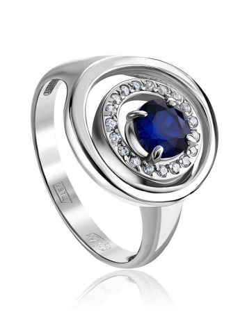 Classy Silver Ring With Synthetic Sapphire And White Crystals, Ring Size: 8.5 / 18.5, image 