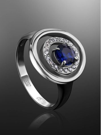 Classy Silver Ring With Synthetic Sapphire And White Crystals, Ring Size: 8.5 / 18.5, image , picture 2