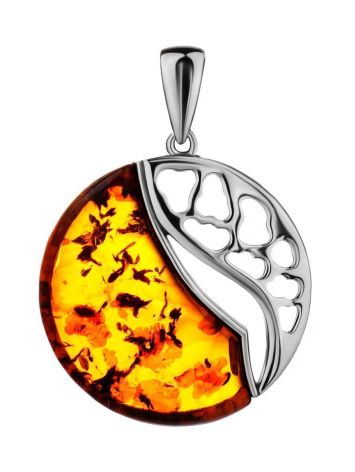 Round Silver Pendant With Cognac Amber The Sunrise, image 