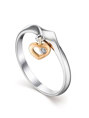 Silver Ring With Golden Diamond Heart Dangle The Diva, Ring Size: 6.5 / 17, image 