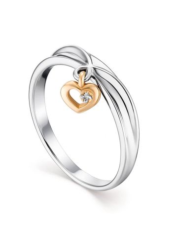 Silver Ring With Golden Diamond Heart Dangle The Diva, Ring Size: 8 / 18, image 