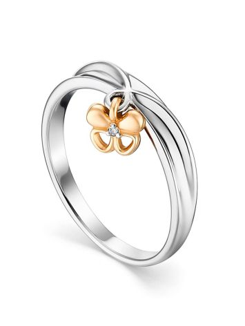 Silver Ring With Golden Diamond Butterfly The Diva, Ring Size: 7 / 17.5, image 
