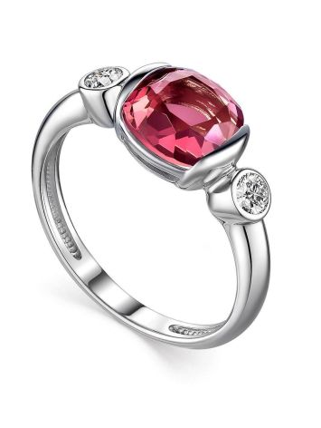 Silver Ring With Bright Rhodolite Centerstone And Crystals, Ring Size: 6.5 / 17, image 