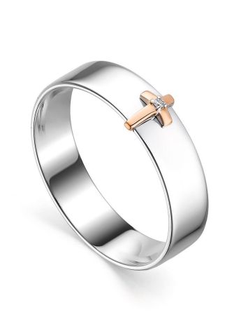 Silver Band Ring With Golden Diamond Cross The Diva, Ring Size: 6.5 / 17, image 