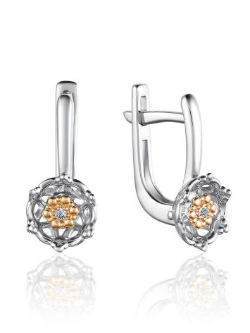 Silver Golden Floral Earrings With Diamonds The Diva, image 