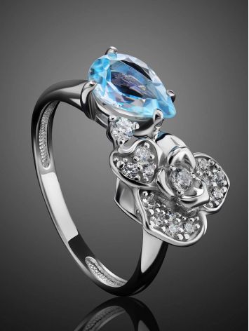 Silver Floral Ring With Synthetic Topaz And Crystals, Ring Size: 7 / 17.5, image , picture 2