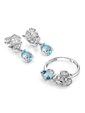 Silver Floral Ring With Synthetic Topaz And Crystals, Ring Size: 7 / 17.5, image , picture 3