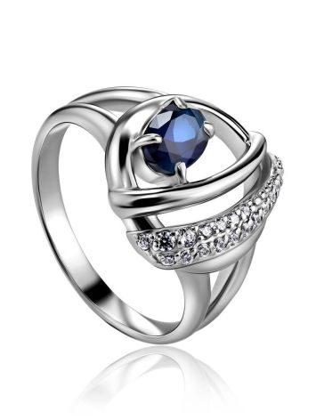 Silver Ring With Synthetic Sapphire And White Crystals, Ring Size: 7 / 17.5, image 