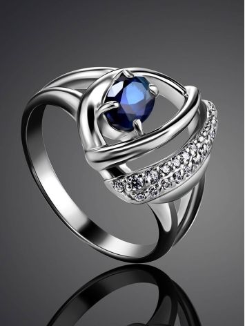 Silver Ring With Synthetic Sapphire And White Crystals, Ring Size: 7 / 17.5, image , picture 2