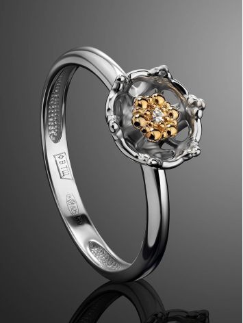 Silver Golden Floral Ring With Diamond Centerpiece The Diva, Ring Size: 5.5 / 16, image , picture 2