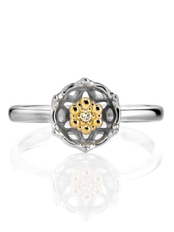 Silver Golden Floral Ring With Diamond Centerpiece The Diva, Ring Size: 5.5 / 16, image , picture 3