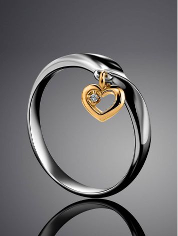 Silver Ring With Golden Diamond Heart Dangle The Diva, Ring Size: 6.5 / 17, image , picture 2