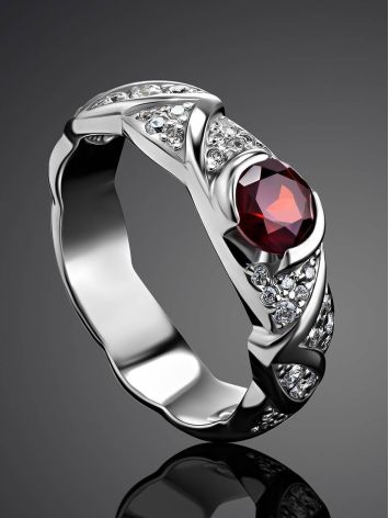 Filigree Silver Ring With Round Garnet Centerstone, Ring Size: 6.5 / 17, image , picture 2