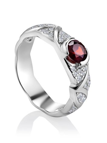 Filigree Silver Ring With Round Garnet Centerstone, Ring Size: 6.5 / 17, image 