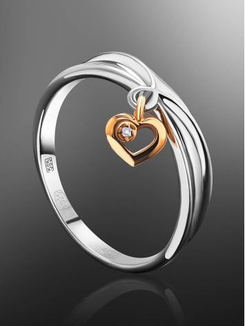 Silver Ring With Golden Diamond Heart Dangle The Diva, Ring Size: 8 / 18, image , picture 2