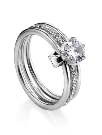 Silver Stackable Triple Band Ring With Crystals, Ring Size: 6 / 16.5, image 