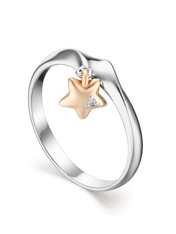 Silver Ring With Golden Diamond Star Shaped Dangle The Diva, Ring Size: 8 / 18, image 
