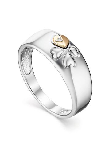 Silver Gold Diamond Ring With Clover Shaped Details The Diva, Ring Size: 8 / 18, image 