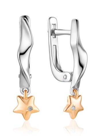 Silver Earrings With Golden Diamond Star Shaped Dangles The Diva, image 