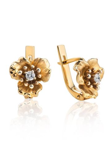 Ultra Feminine Golden Floral Earrings With Diamonds, image 