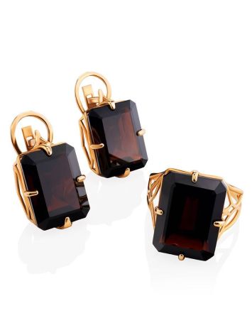 Geometric Golden Earrings With Synthetic Garnet, image , picture 4