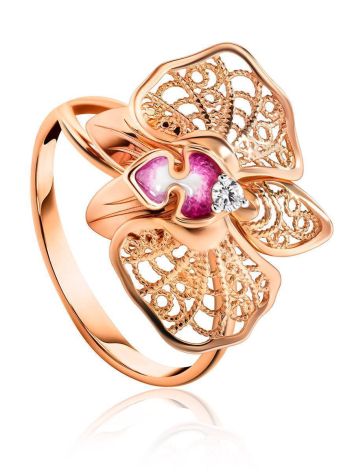Golden Cocktail Ring With Crystals And Pink Enamel, Ring Size: 8.5 / 18.5, image 