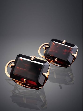 Geometric Golden Earrings With Synthetic Garnet, image , picture 2