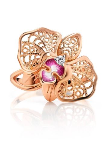 Golden Cocktail Ring With Crystals And Pink Enamel, Ring Size: 8.5 / 18.5, image , picture 3