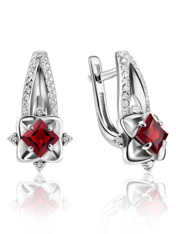 Silver Garnet Earrings With White Crystals, image 