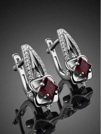 Silver Garnet Earrings With White Crystals, image , picture 2