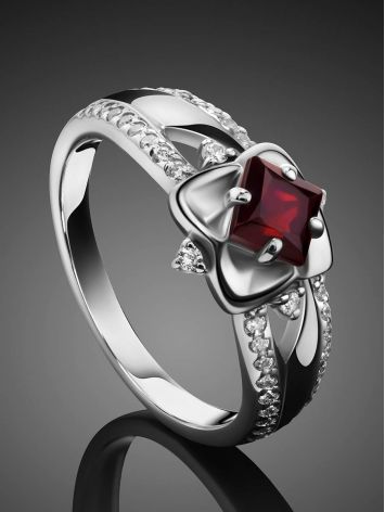 Elegant Silver Garnet Ring With Crystals, Ring Size: 5.5 / 16, image , picture 2