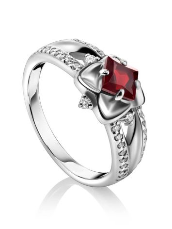 Elegant Silver Garnet Ring With Crystals, Ring Size: 5.5 / 16, image 