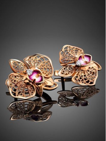 Golden Floral Earrings With Crystals And Pink Enamel, image , picture 2