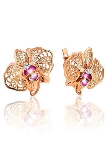 Golden Floral Earrings With Crystals And Pink Enamel, image 